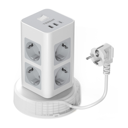 Prelungitoare - Prelungitor turn TESSAN cu 8 prize, USB-C și cablu retractabil