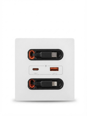 Cabluri - Priza de perete Rovo , Incarcare Rapida 20W, Cabluri retractabile, USB-C si Lightning, Porturi USB-A si USB-C, 16A