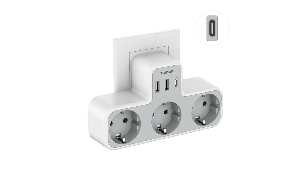 Prize & adaptoare - Priza Multipla Tessan , 3 Prize, 1 port USB-C, 2 Porturi USB, 240 V, Alb ,2500W 10A