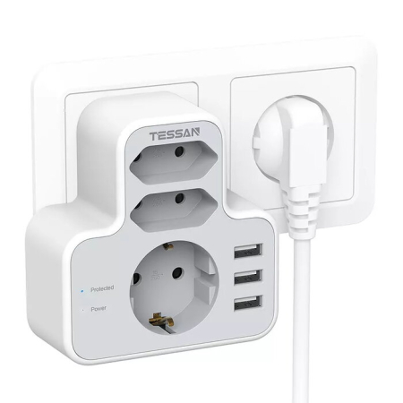 Prize & adaptoare - Priza Multipla Tessan , 3 Prize, 3 Porturi USB, 240 V, Alb ,3600W, 16A