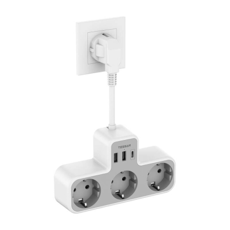Cabluri - Priza Multipla Tessan , Cablu 15 cm, 3 Prize, 1 port USB-C, 2 Porturi USB, 240 V, Alb ,2500W 10A