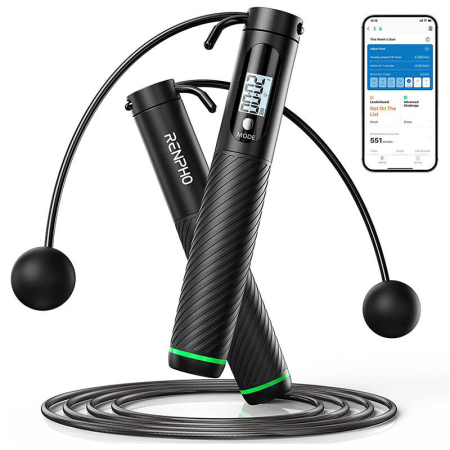 Familie & Timp Liber - Set coarda pentru sarit Smart Renpho Q008, 3 moduri, Bluetooth, analiza datelor in aplicatie, LCD display
