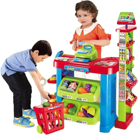 Familie & Timp Liber - Set de Cumparaturi Tip Supermarket Rovo 85 pentru Copii, Jucarie Interactiva, Scanner, Casa de marcat, Cos de cumparaturi, Lumini, Sunete, Inaltime 80 cm