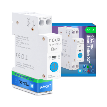 Casă Inteligentă - Siguranta inteligenta Nous , 20A, Tasmota, 1 canal, Monitorizare energie, montare pe sina DIN, ESP32