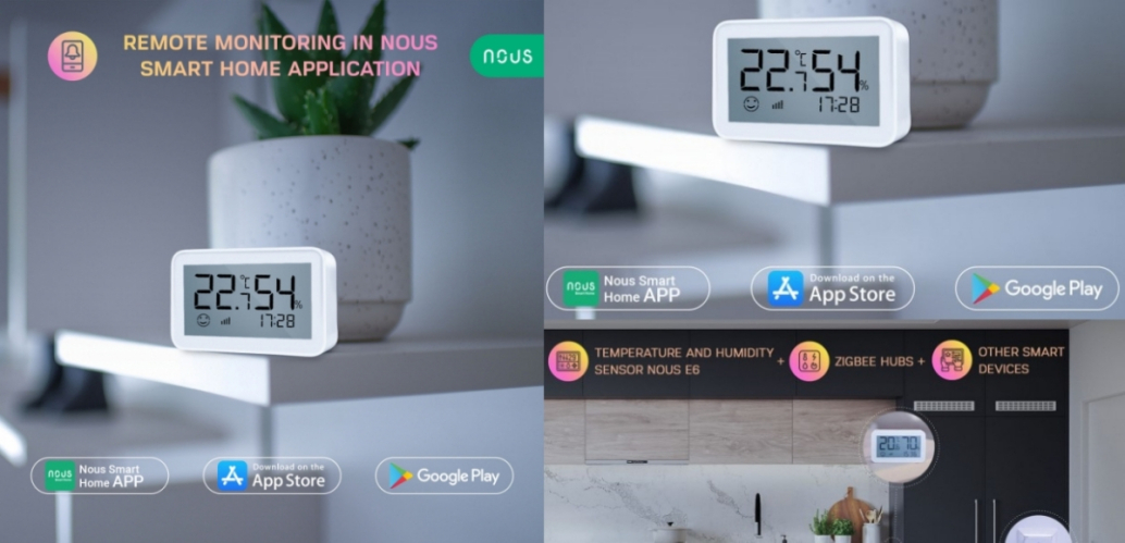 Senzor Smart de Temperatura si Umiditate Nous cu afişaj E6, LCD, ZigBee
