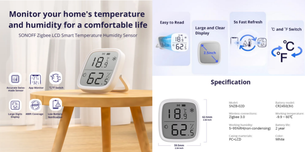 Senzor de temperatură și umiditate SONOFF SNZB-02D Zigbee 3.0