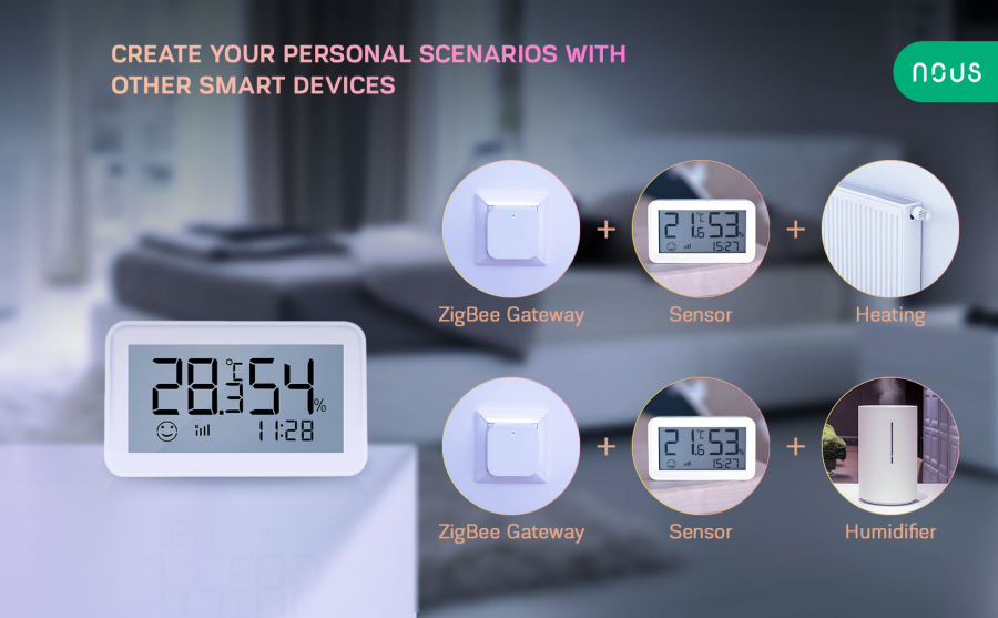 Senzor Smart de Temperatura si Umiditate Nous cu afişaj E6, LCD, ZigBee
