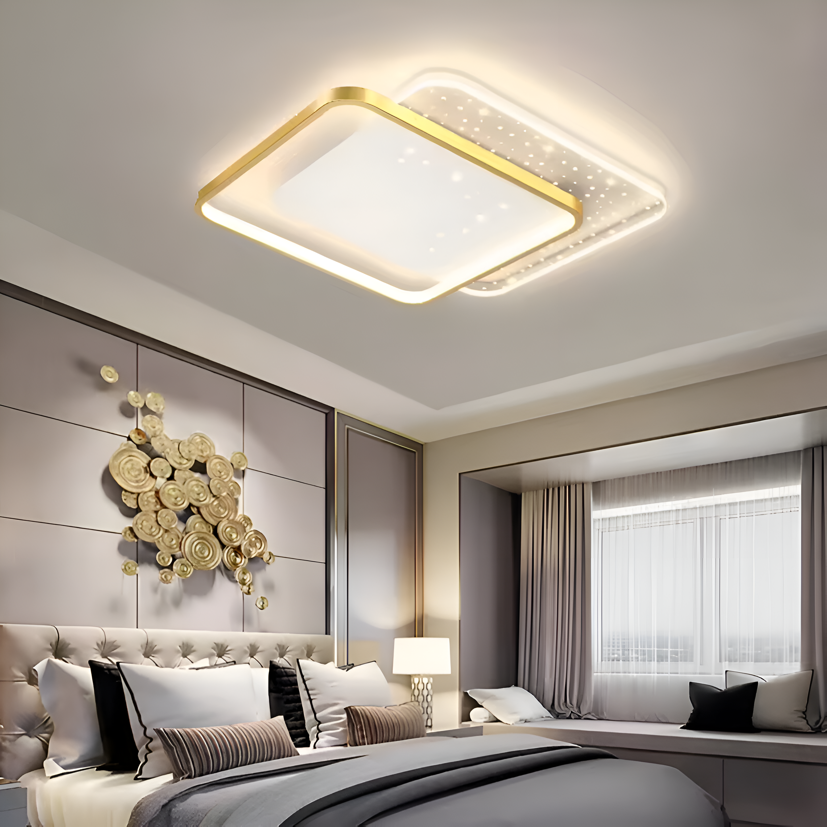Lampi, Aplice si Corpuri de iluminat Smart - Lustra LED cu telecomanda GILDRA 48W, 2 Patrate, lumina Rece/Calda/Neutra, Dimabila, Auriu