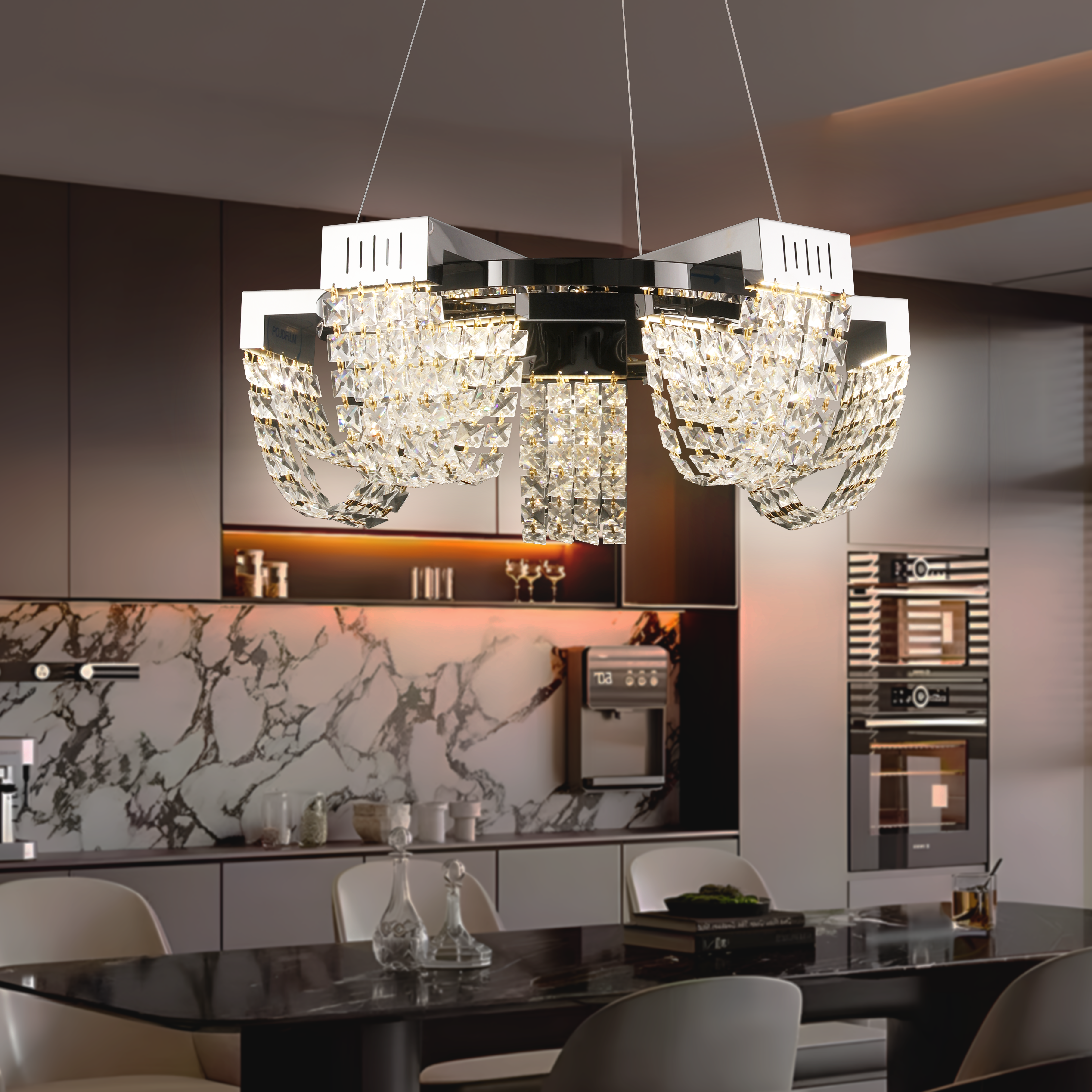 Produse Alessandro - Candelabru Cristal LED 15W, CC370/500CH, Diametru 50cm, Crom Lucios, Lumina Calda Neutra Rece 3000K/4000K/6000K Inaltime Reglabila, Metal si Cristal