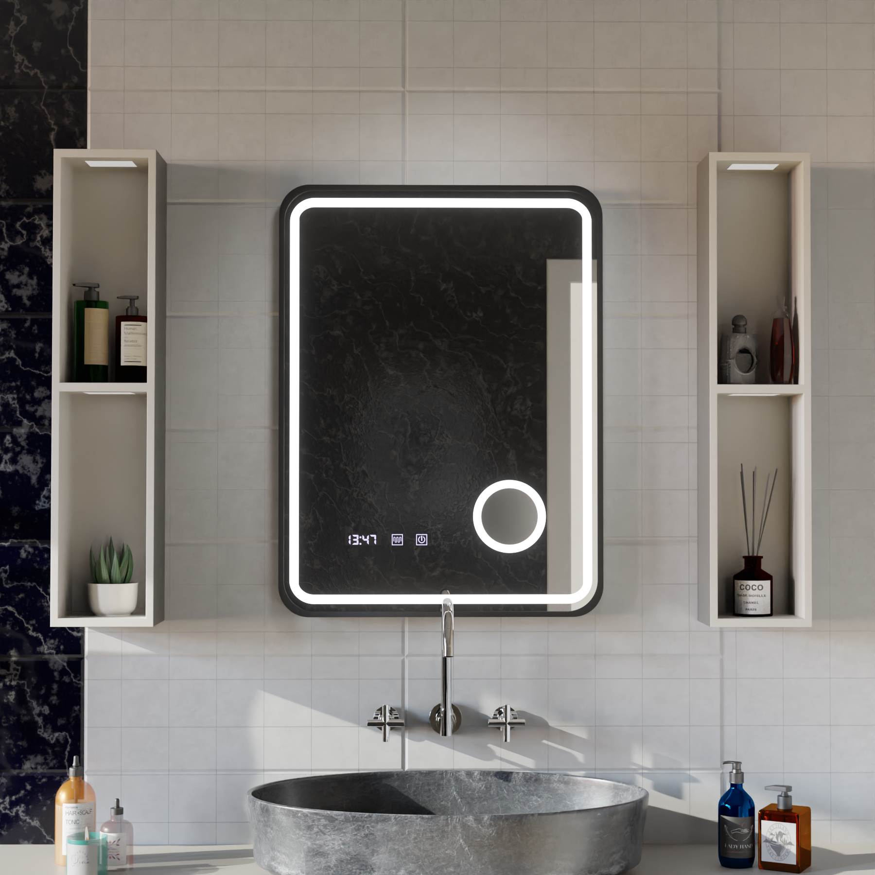 Oglinzi LED - Oglinda LED Touch Ulrich Sistem Dezaburire, Ceas si Temperatura 75x90 cm Rama Negru Brushed Lupa Cosmetica