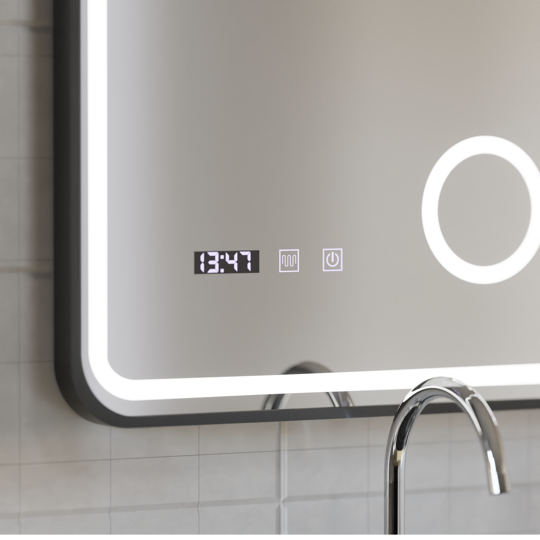 Oglinda LED Touch Ulrich Sistem Dezaburire, Ceas si Temperatura 75x90 cm Rama Negru Brushed Lupa Cosmetica [1]