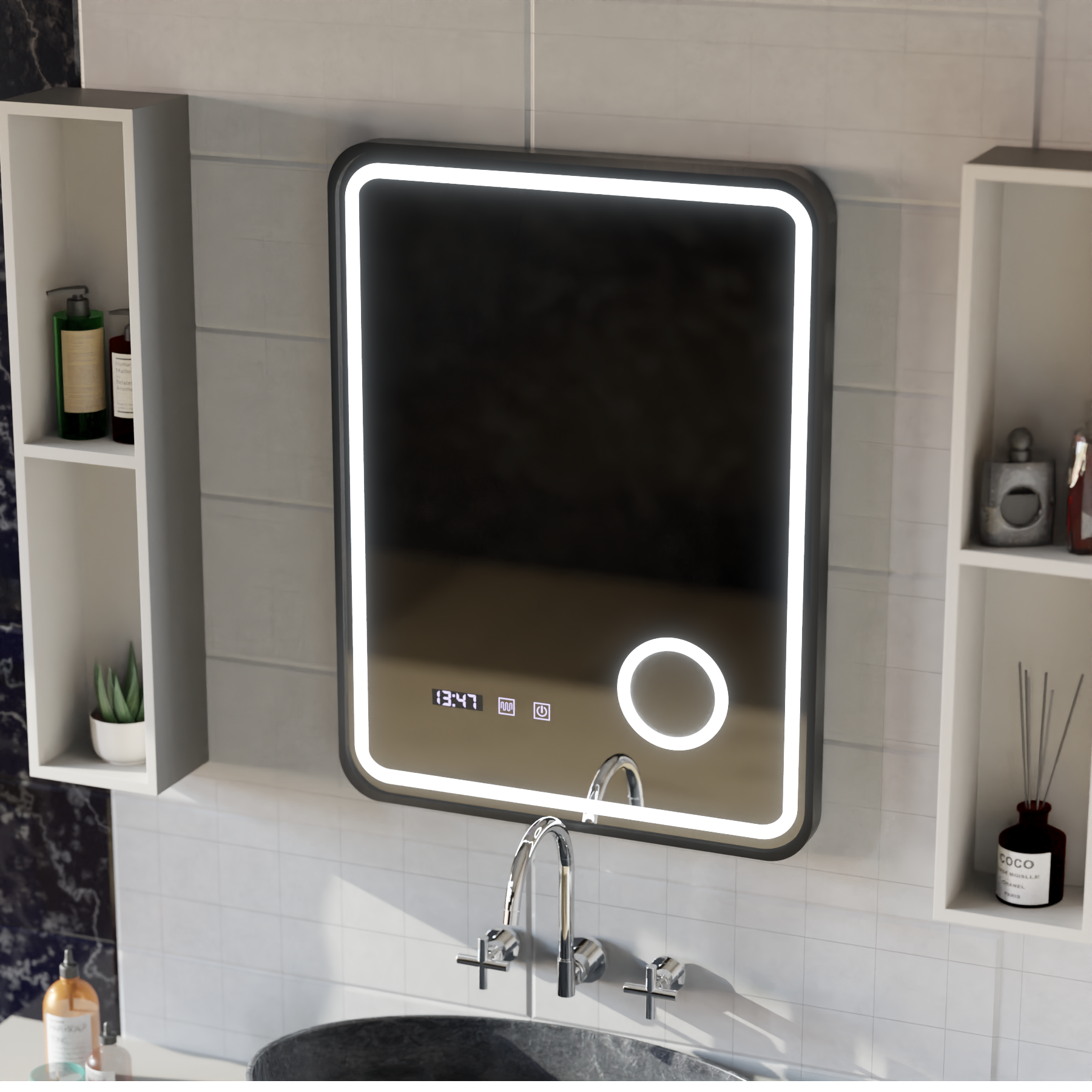 Oglinda LED Touch Ulrich Sistem Dezaburire, Ceas si Temperatura 75x90 cm Rama Negru Brushed Lupa Cosmetica [2]