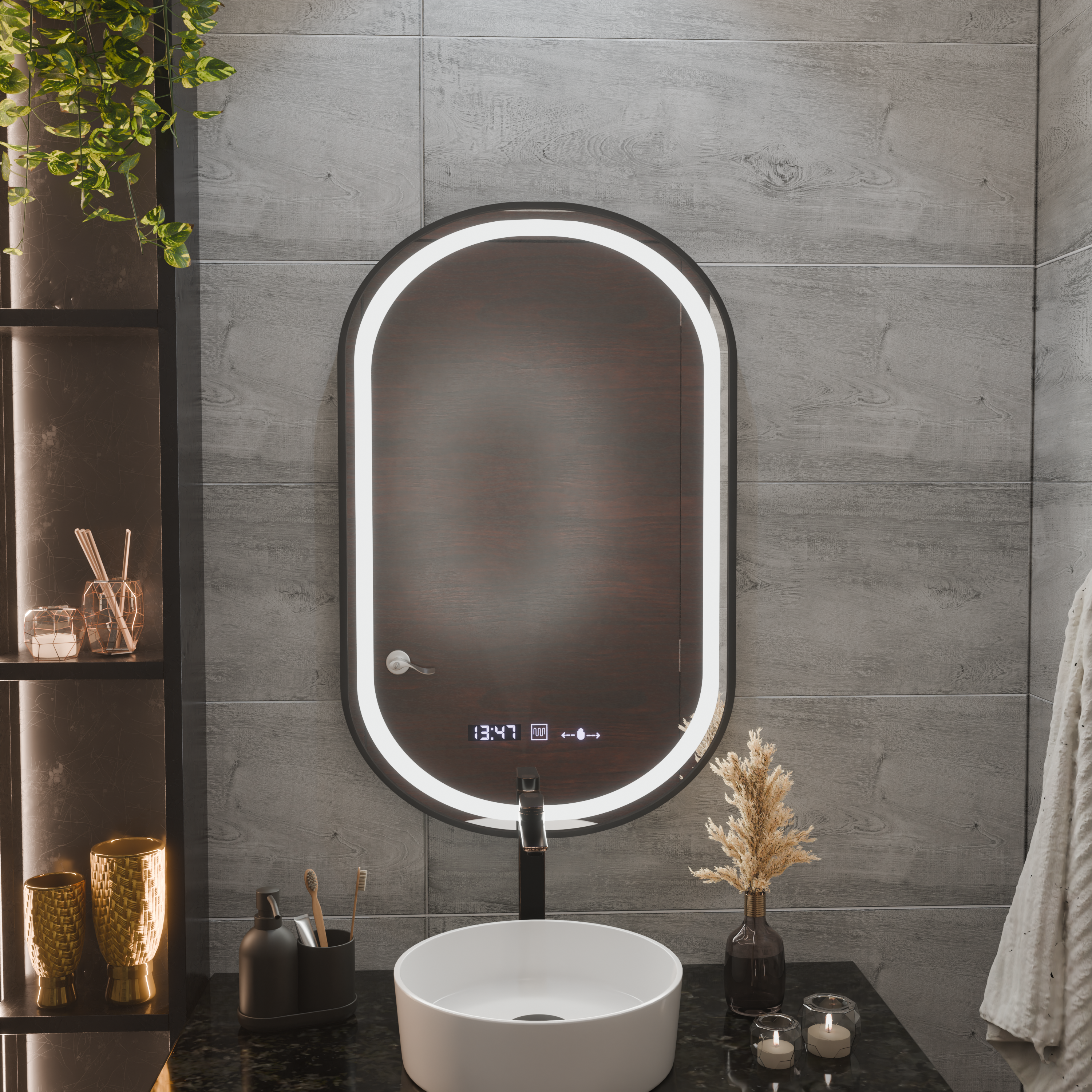 Oglinda LED Touch Helmut, Sistem Dezaburire, Ceas si Temperatura 45x90 cm, Rama Negru, Brushed Marcello Funghi [2]