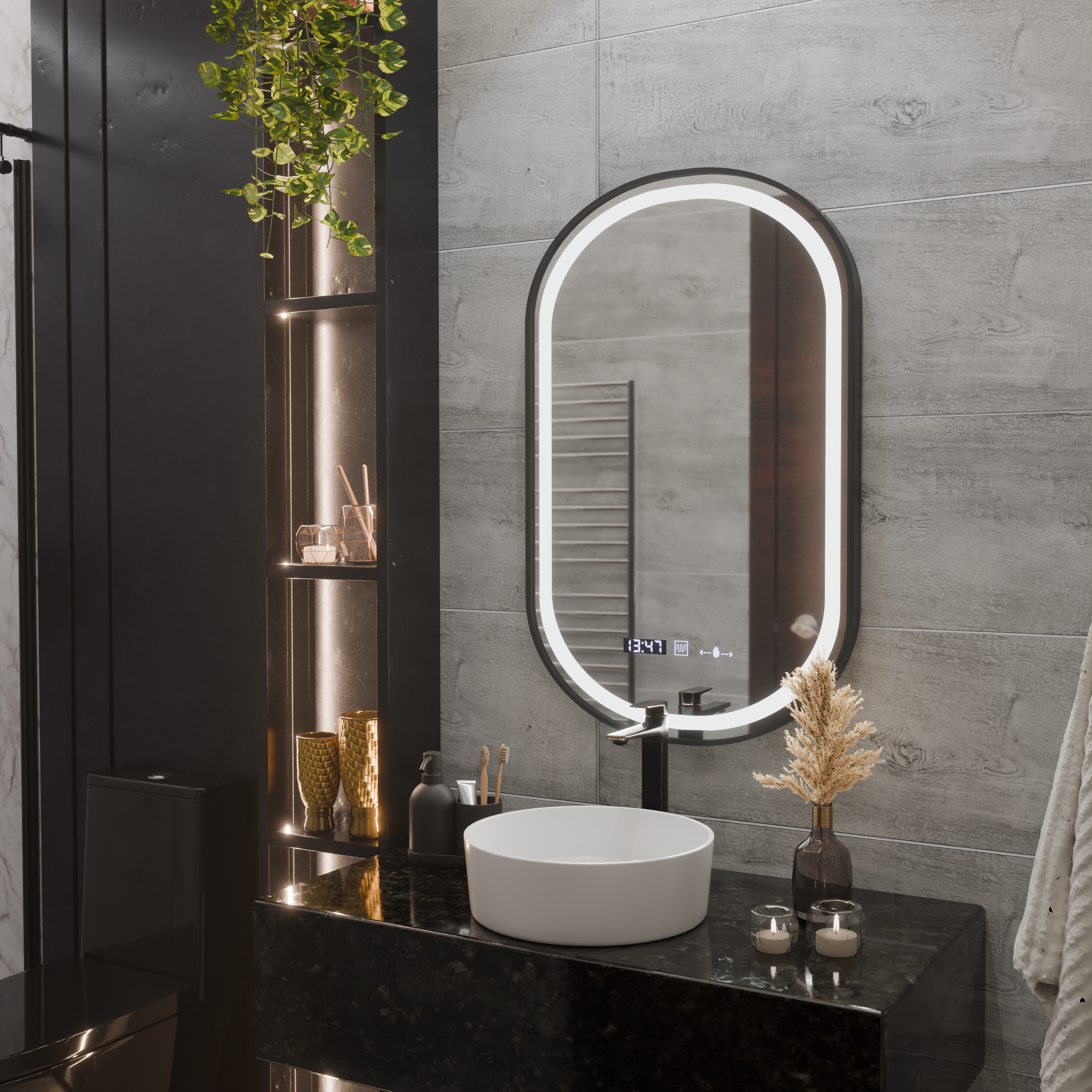 Oglinda LED Touch Helmut Sistem Dezaburire, Ceas si Temperatura 50x80 cm Rama Negru Brushed Marcello Funghi [2]