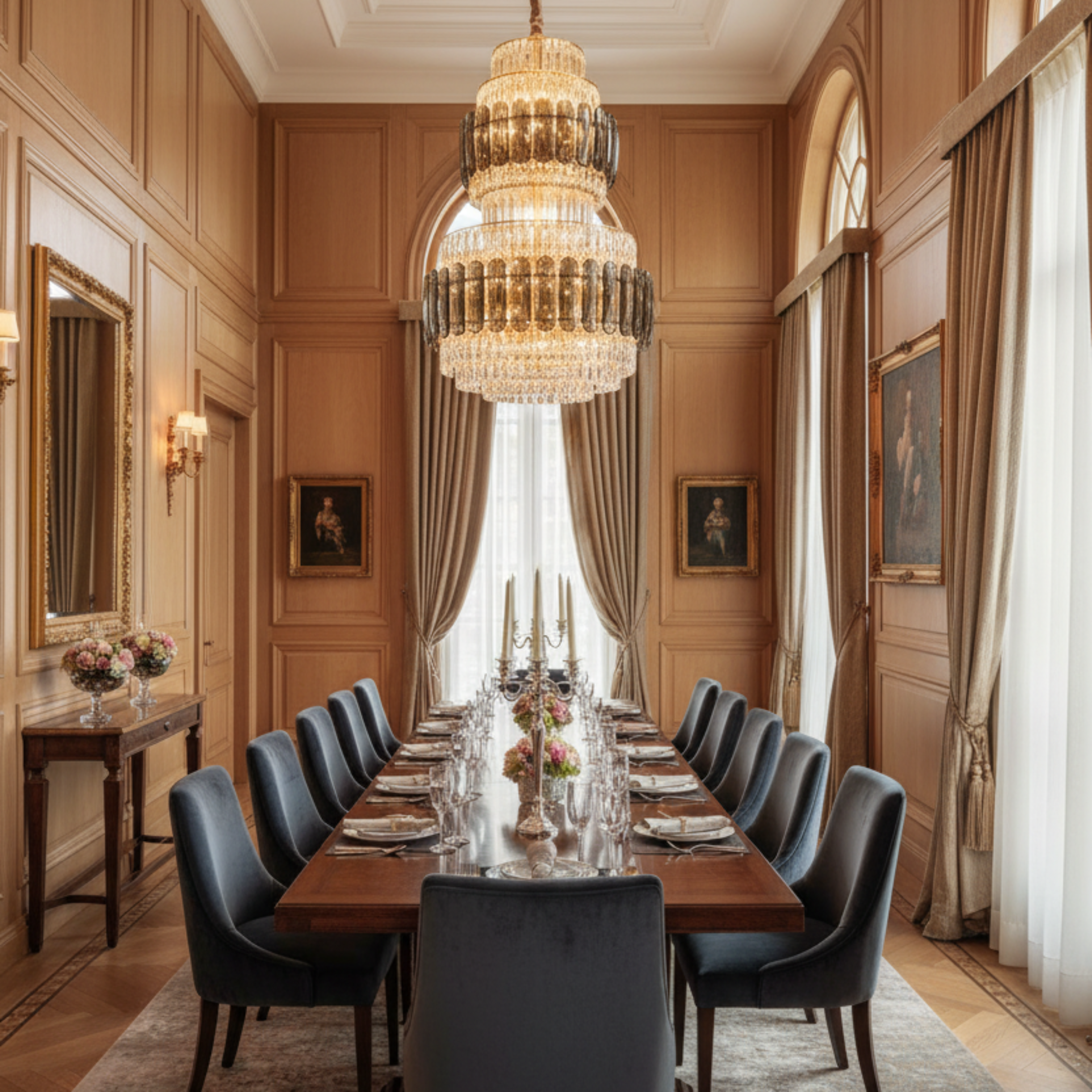 Lampi, Aplice si Corpuri de iluminat Smart - Candelabru Cristal VELIOR Grande 49xE14, D120 cm, Auriu, Inaltime Reglabila, Metal si Cristal