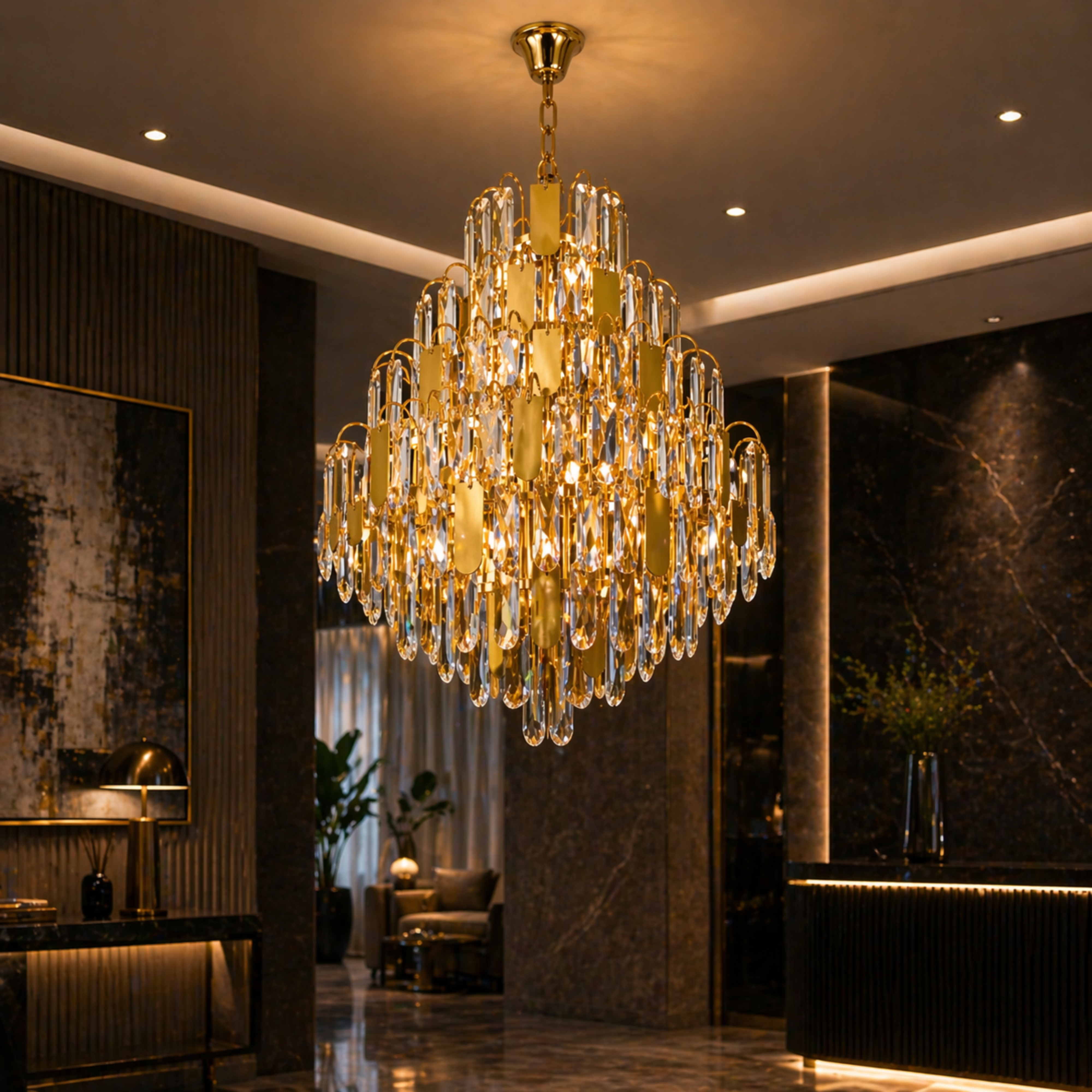 Candelabru Cristal TIER Nobile 8xE14, D40 cm, Auriu, Inaltime Reglabila, Metal si Cristal [2]