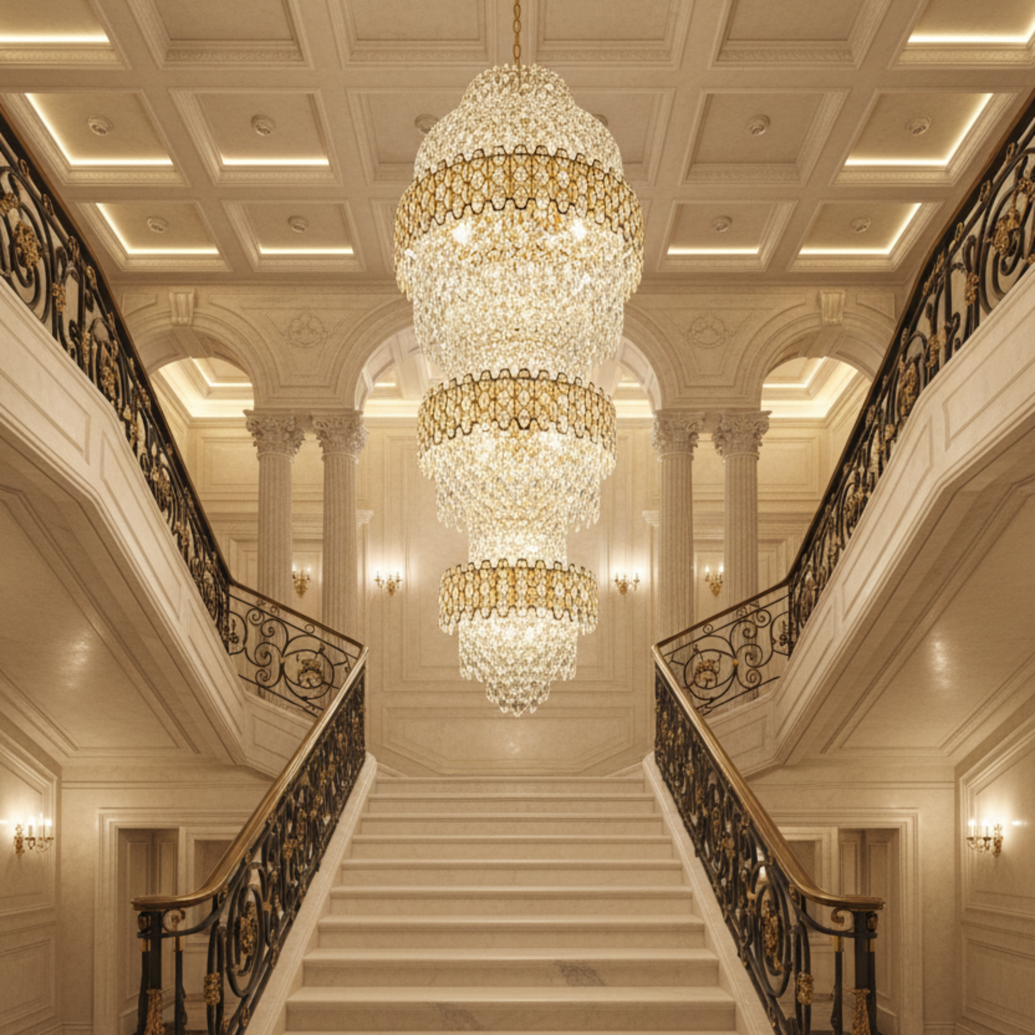 Produse Alessandro - Candelabru Cristal TRIO Regalis 63xE14, Diametru 80cm, Inaltime 260cm, Auriu Lucios, Inaltime Reglabila, Design Elegant
