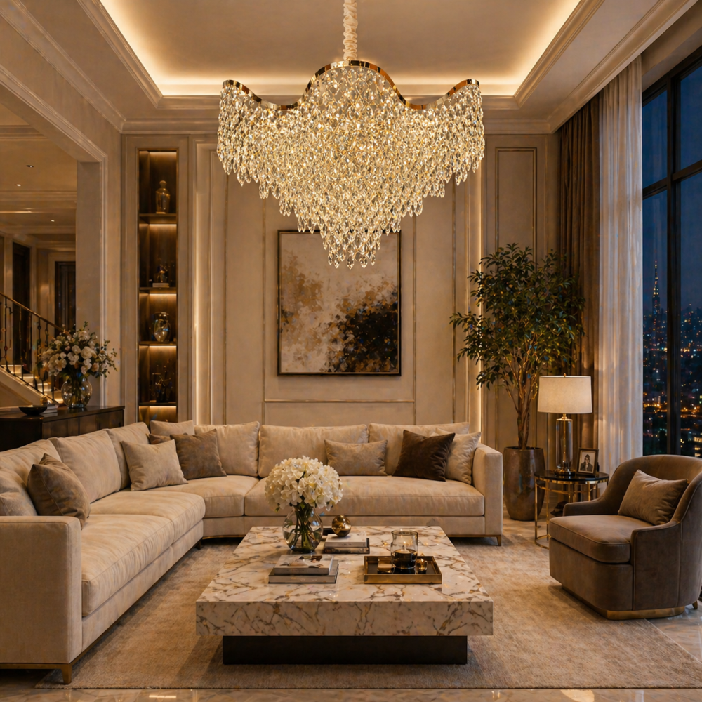 Candelabru Cristal 13xE14 VELOURA Magno , D60 cm, Auriu, Inaltime Reglabila, Metal si Cristal [3]