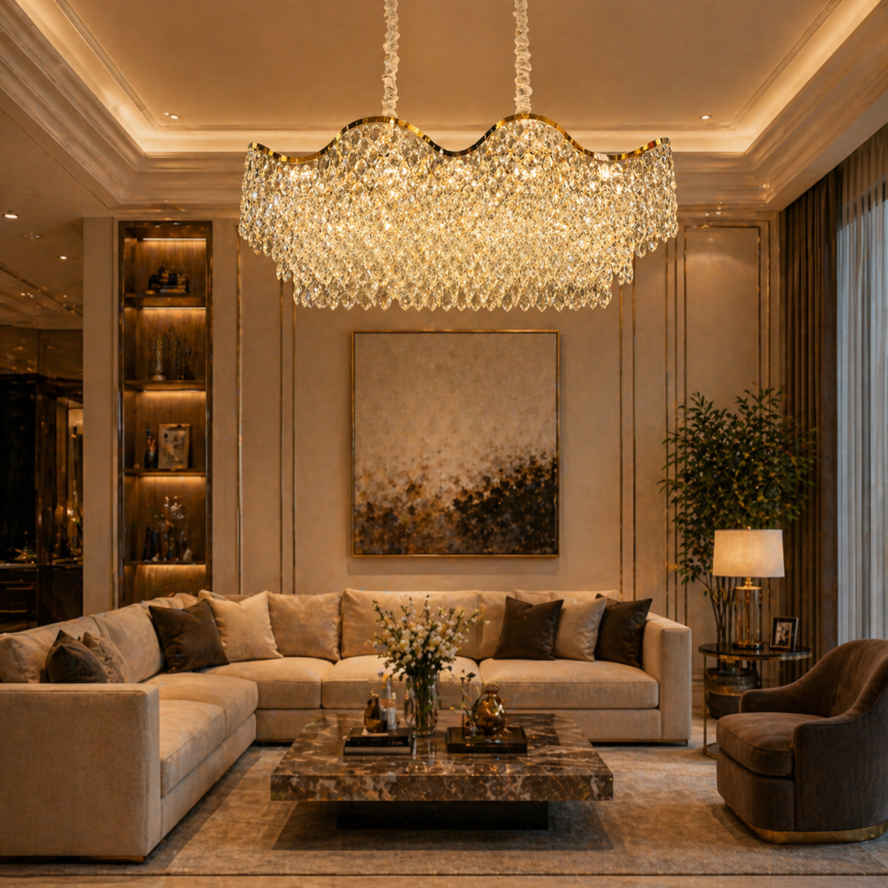 Candelabru Cristal 16xE14 VELOURA Supremo Reale, 120x35 cm, Auriu, Inaltime Reglabila, Metal si Cristal [2]