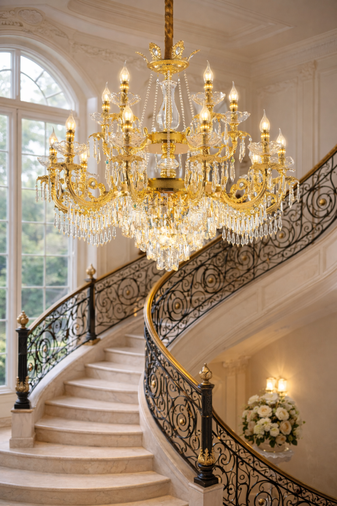Candelabru Cristal 19xE14, D95cm, Auriu Lucios, Inaltime Reglabila, Metal si Cristal [3]