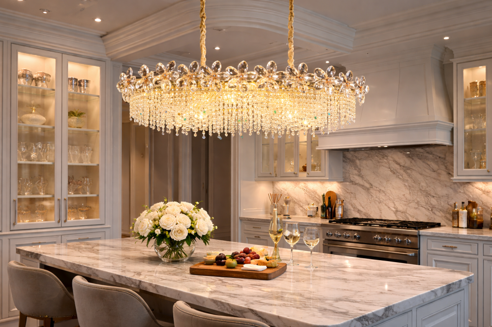 Candelabru Cristal 20xE14, BLOSSOM Imperio 100x40cm, Auriu Lucios, Inaltime Reglabila, Metal si Cristal [2]