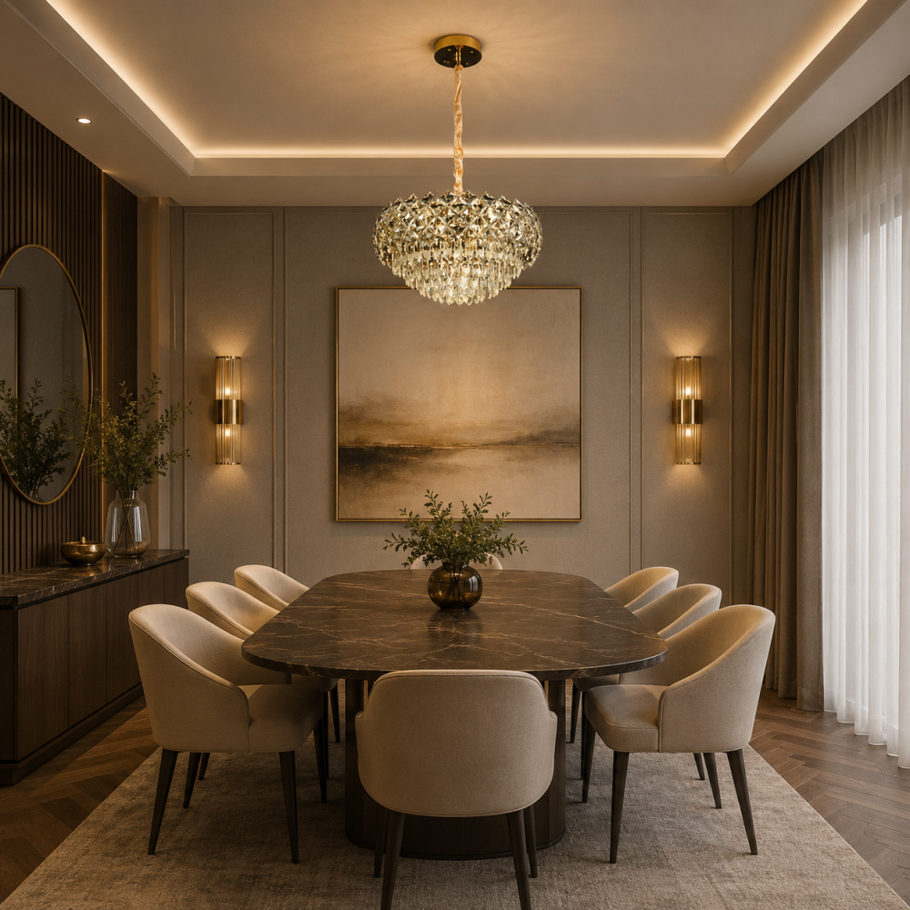 Candelabru Cristal BANO Eleganza, 60W, 7xE14, Lumina Rece/Calda/Neutra, Inaltime Reglabila, Metal si Cristal, Auriu [3]