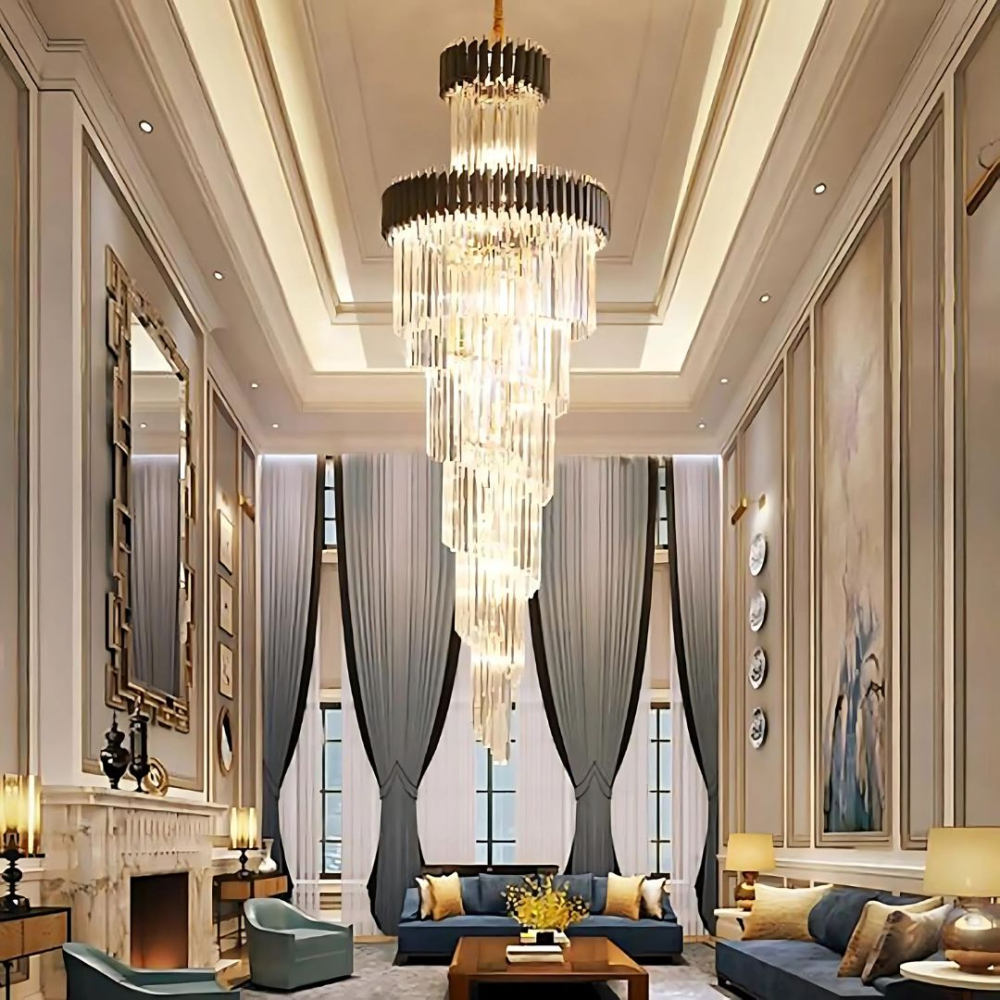 Candelabru Cristal CC900/700X2200, 34xE14, Diametru 70cm, Inaltime 220cm, Auriu Lucios si Negru, Inaltime Reglabila, Design Elegant [2]