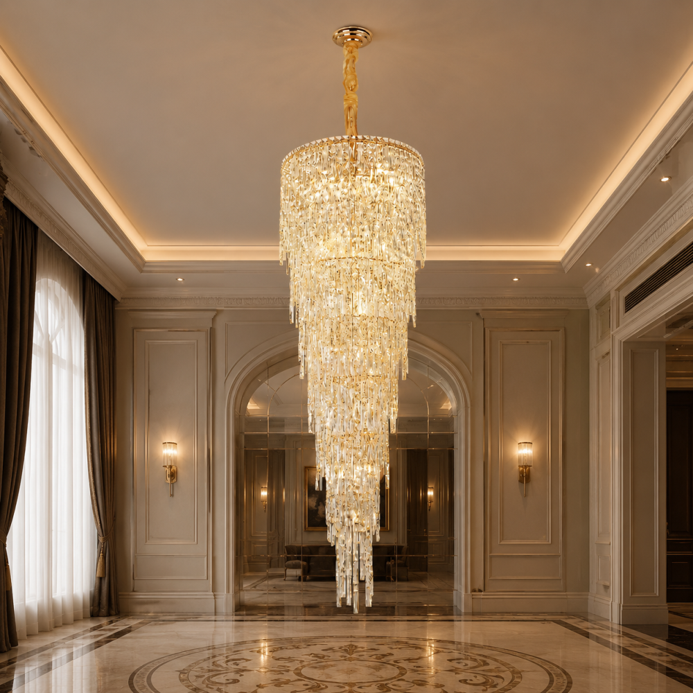 Candelabru Cristal COLLOSEUM, 100xE14, Diametru 100cm, Inaltime Reglabila, Metal si Cristal, Auriu [3]