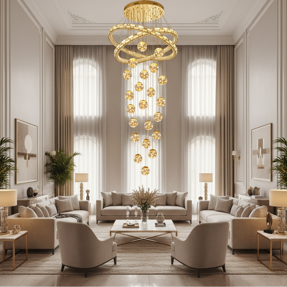 Candelabru Cristal cu Telecomanda DUARA Supremo, 90x300cm, Lumina Calda/Neutra/Rece, Auriu, Metal si Cristal [2]