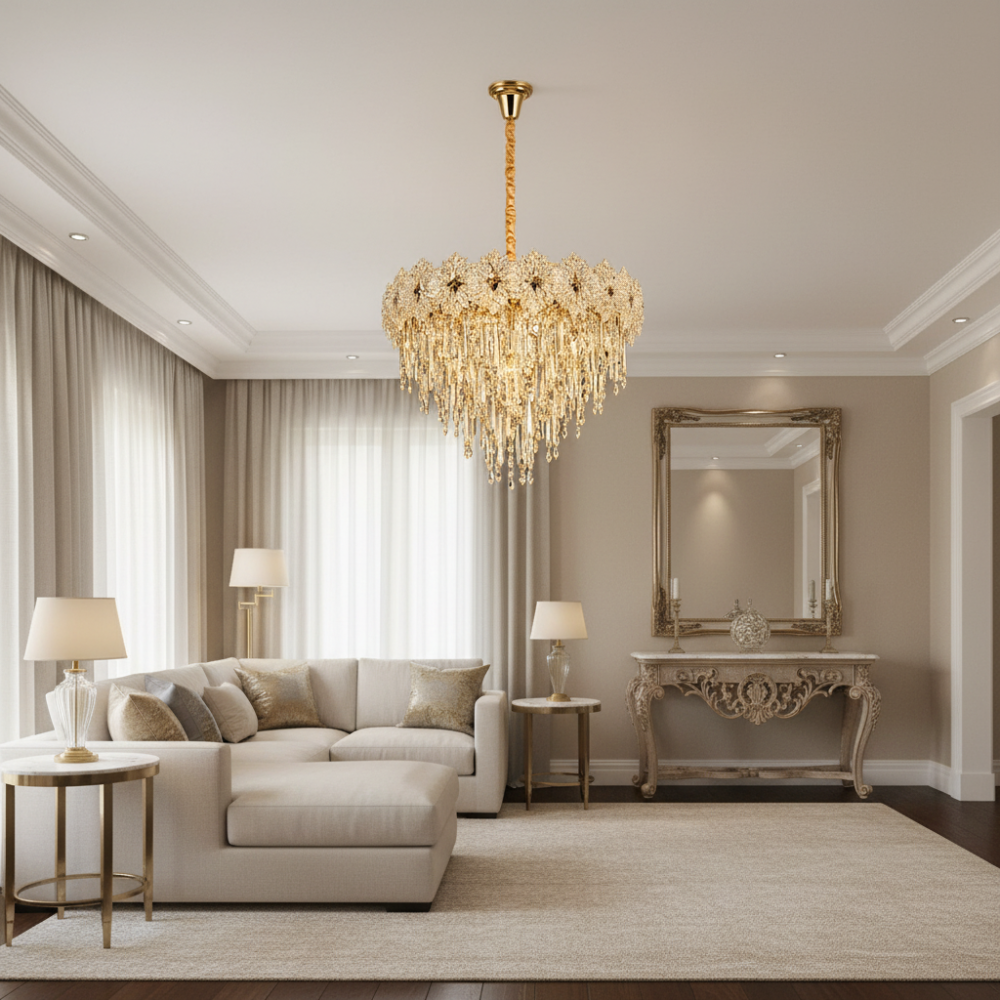 Candelabru Cristal FLEUR Magno 12xE14, Diametru 60cm, Inaltime 45cm, Auriu Lucios, Inaltime Reglabila, Design Elegant [2]