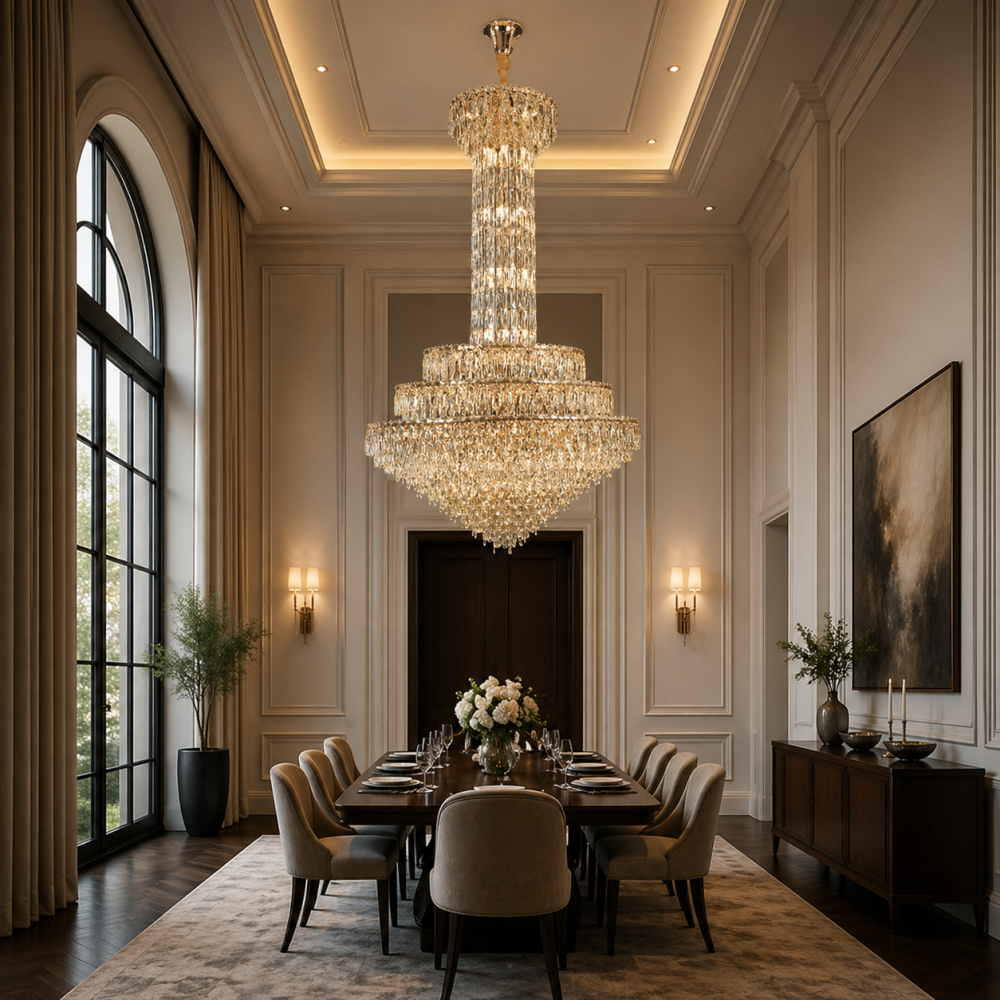 Candelabru Cristal GRAND 87xE14, D138 cm, Auriu, Inaltime Reglabila, Metal si Cristal [2]