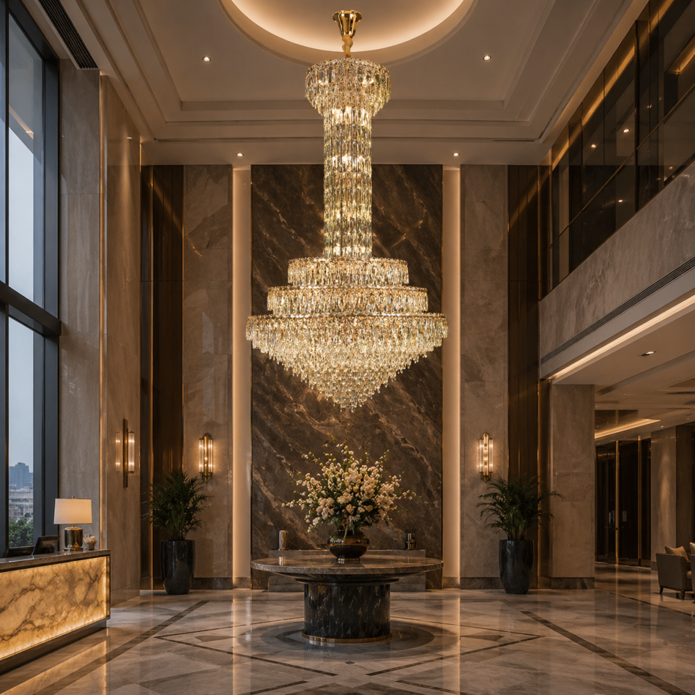 Candelabru Cristal GRAND 87xE14, D138 cm, Auriu, Inaltime Reglabila, Metal si Cristal [3]