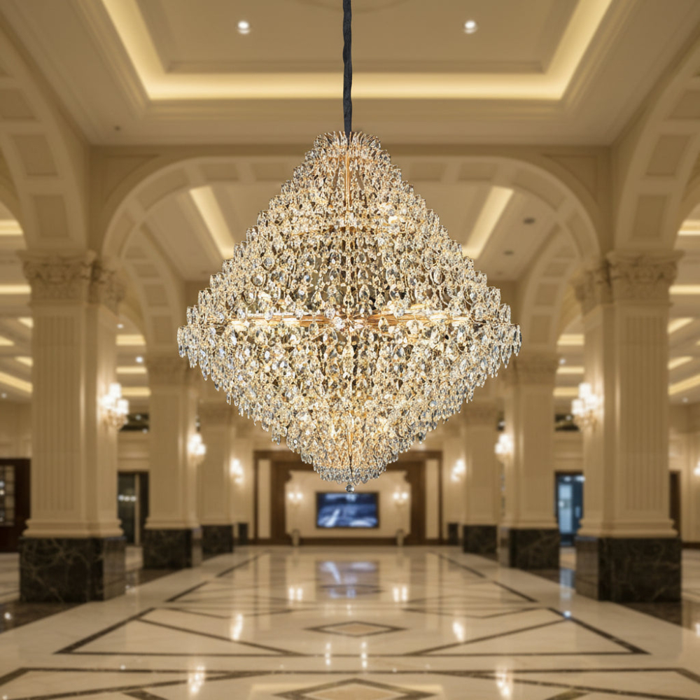 Candelabru Cristal KONIG Grande Supremo, 54xE14, D150 cm, Auriu, Inaltime Reglabila, Metal si Cristal [3]