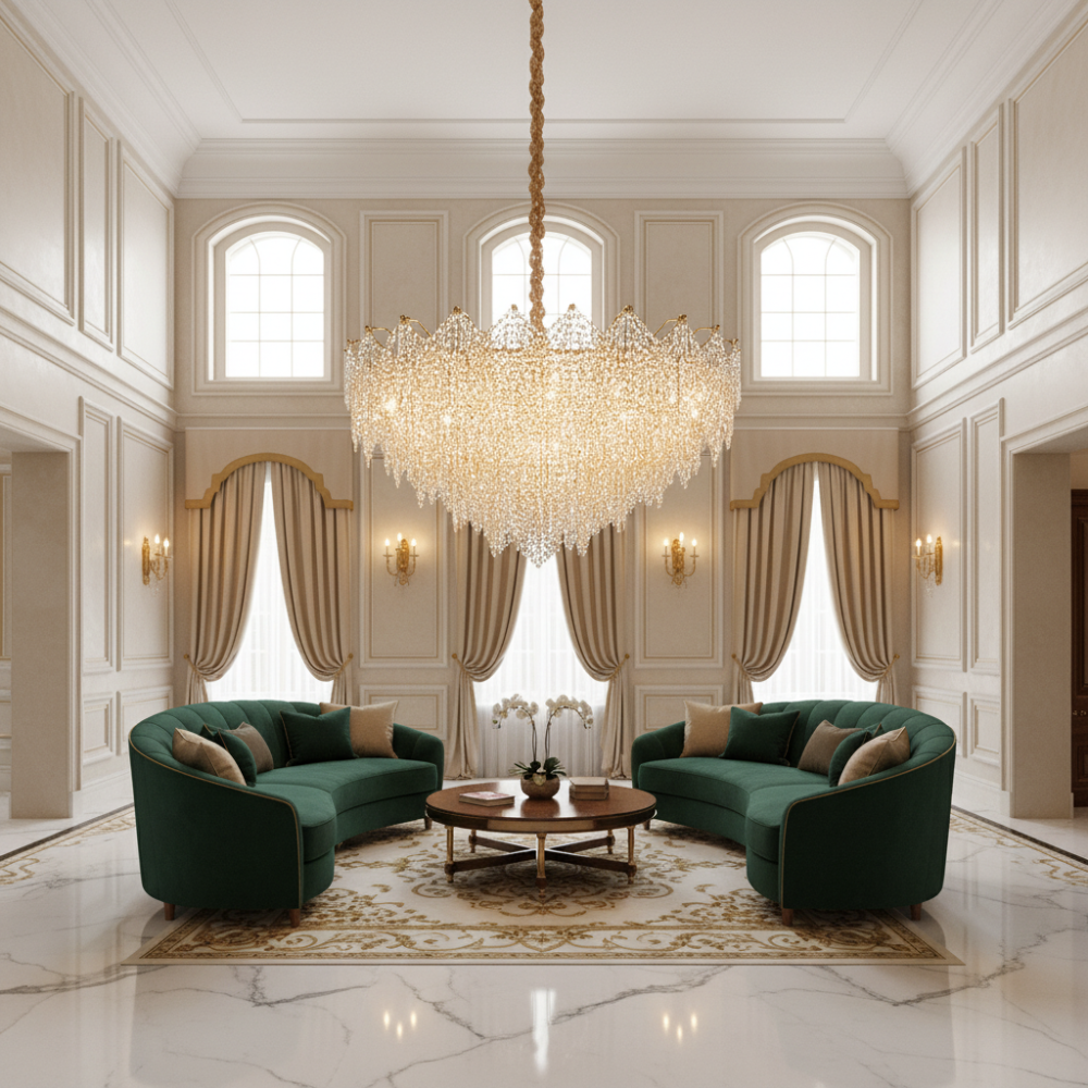 Candelabru Cristal LACE Regalis 21xE14, Diametru 80cm, Inaltime 49cm, Auriu Lucios, Inaltime Reglabila, Design Elegant [2]
