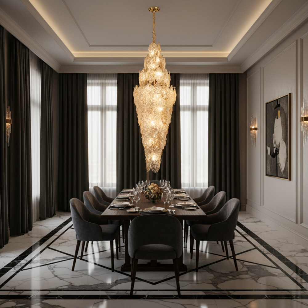 Candelabru Cristal LACE Supremo 26xE14, Diametru 60cm, Inaltime 180cm, Auriu Lucios, Inaltime Reglabila, Design Elegant [3]