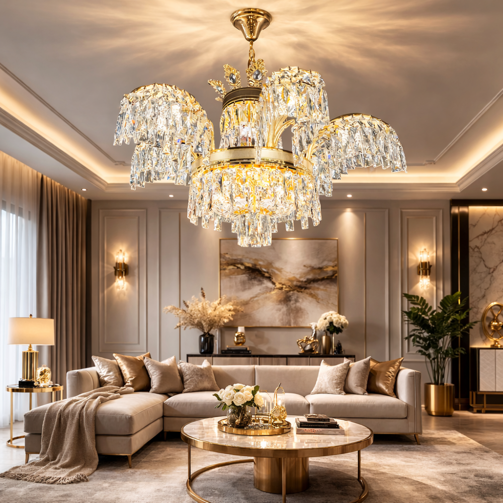 Candelabru Cristal PALACE, 6 brate, 12xG9, D69cm, Auriu Lucios, Inaltime Reglabila, Metal si Cristal [2]
