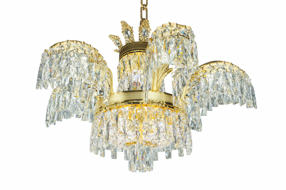 Candelabru Cristal PALACE, 6 brate, 12xG9, D69cm, Auriu Lucios, Inaltime Reglabila, Metal si Cristal [4]