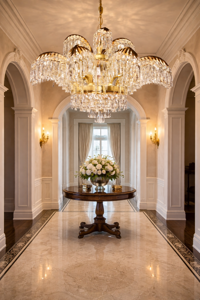 Candelabru Cristal PALACE, 8 brate, D80cm, Auriu Lucios, Inaltime Reglabila, Metal si Cristal [3]