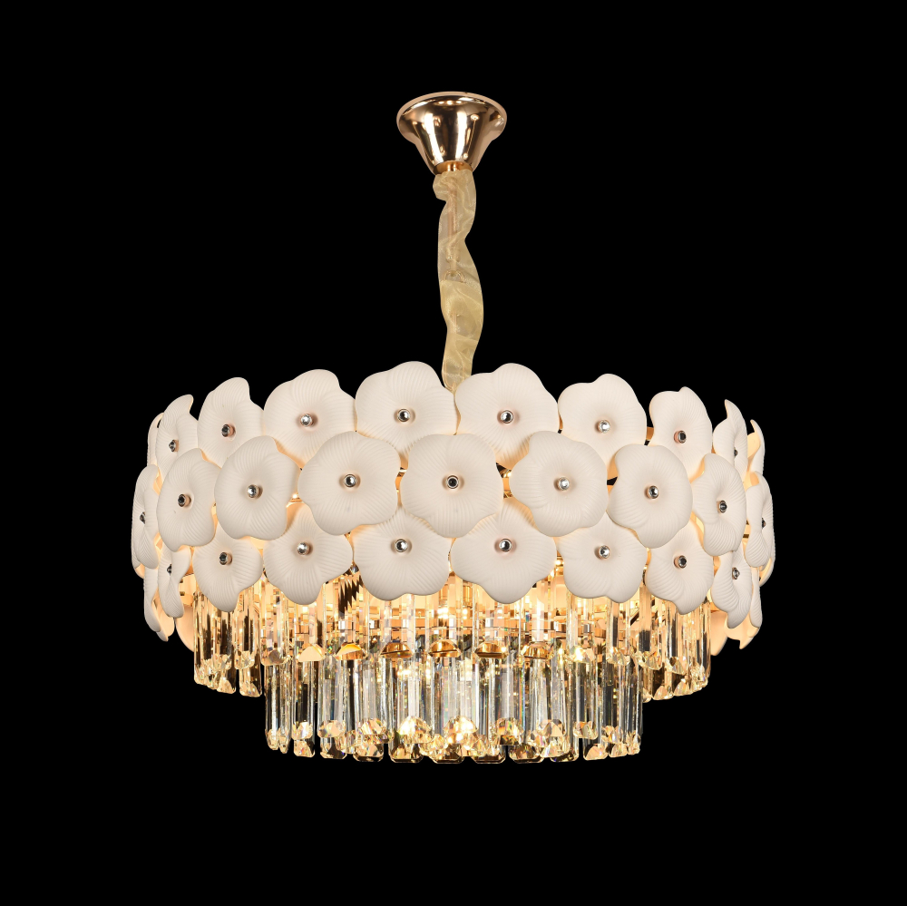 Candelabru Cristal PETAL Eleganza 9xE14, D50 cm, Auriu, Inaltime Reglabila, Metal si Cristal [3]