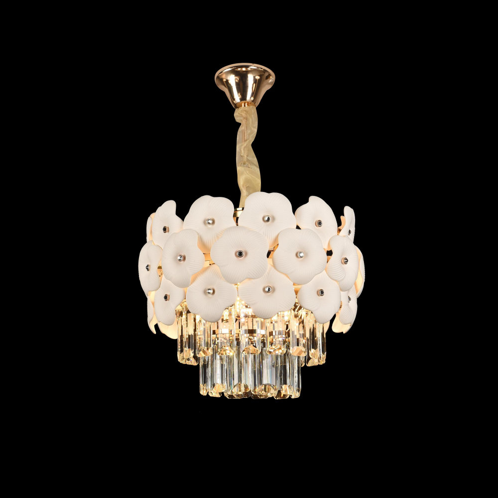 Candelabru Cristal PETAL Petito 3xE14, D30 cm, Auriu, Inaltime Reglabila, Metal si Cristal [4]