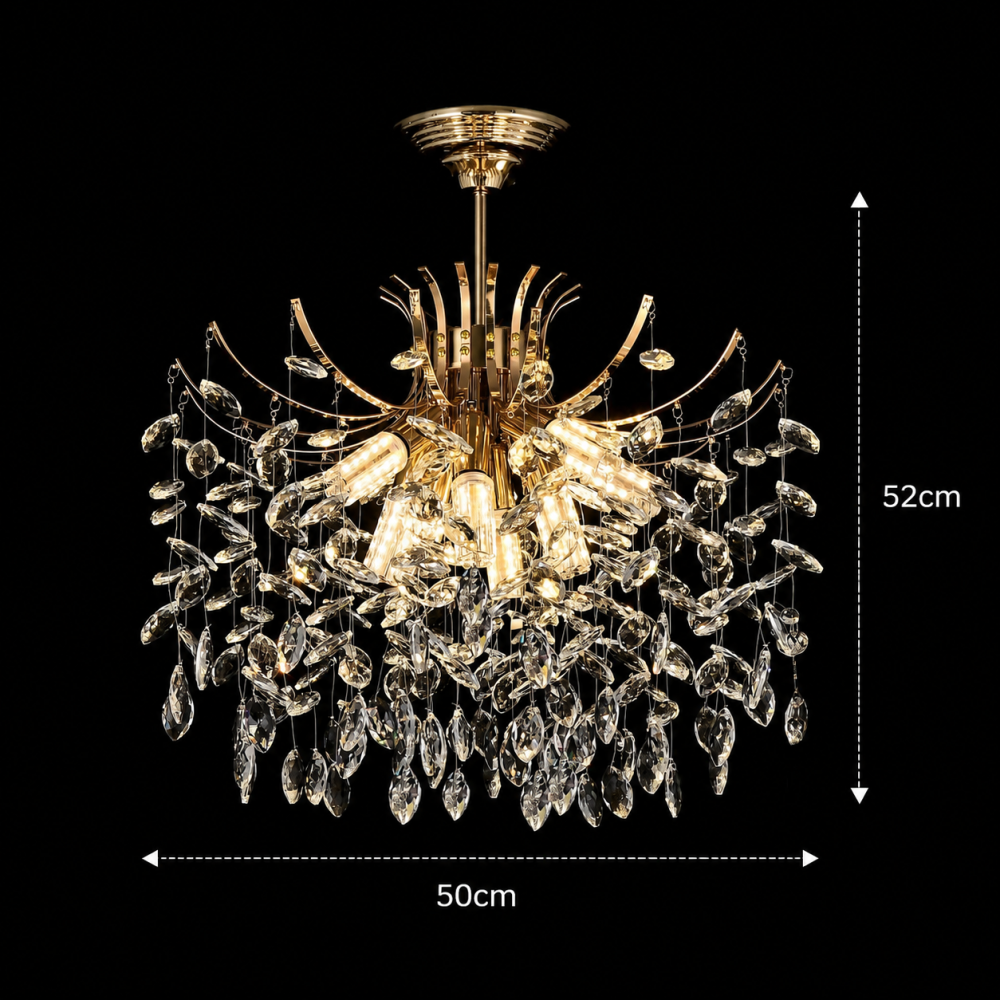 Candelabru Cristal PROWES Eleganza, 8xE14, D50 cm, Auriu, Inaltime Reglabila, Metal si Cristal [4]