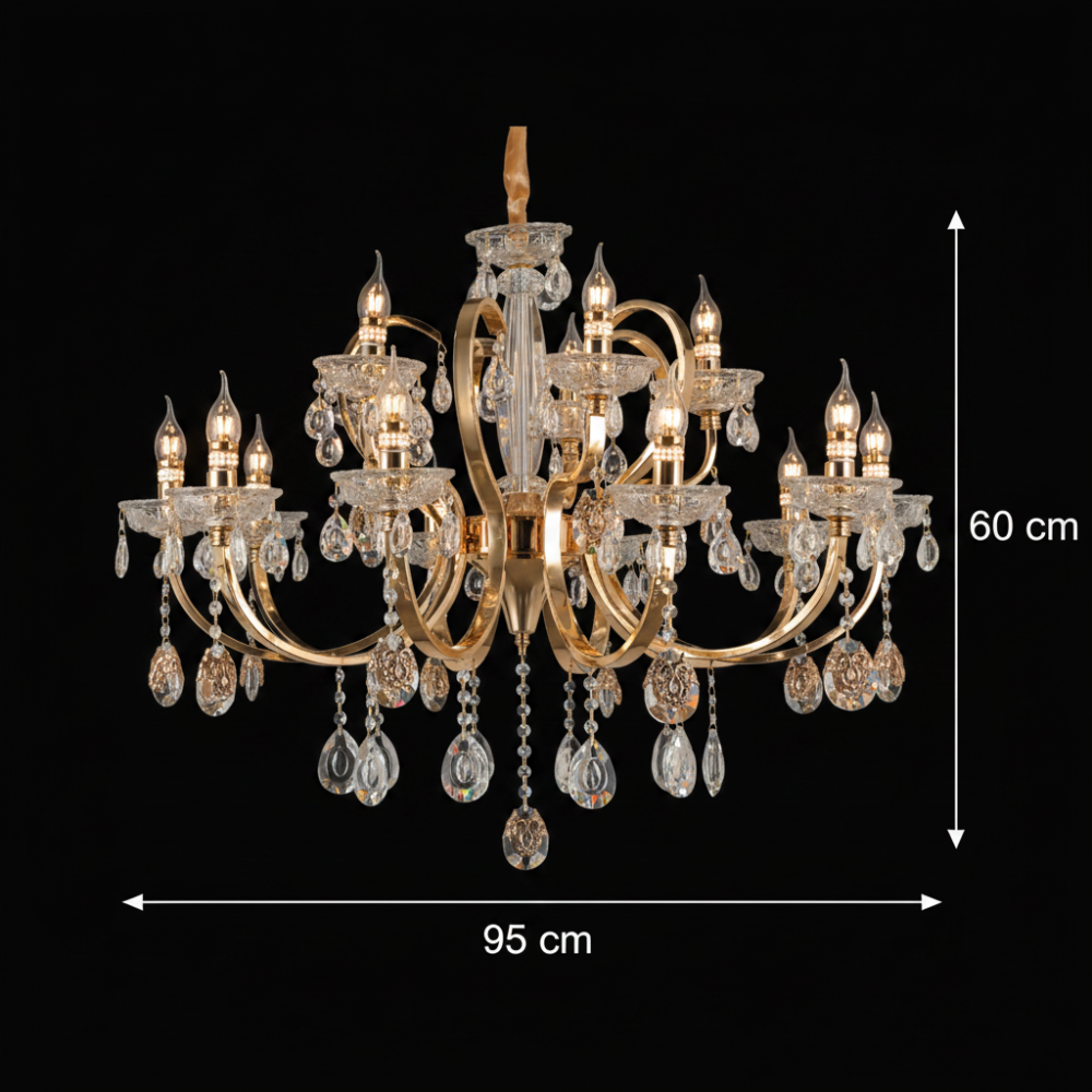 Candelabru Cristal PSE Supremo, 15xE14, D95cm, Inaltime Reglabila, Metal si Cristal, Auriu [4]