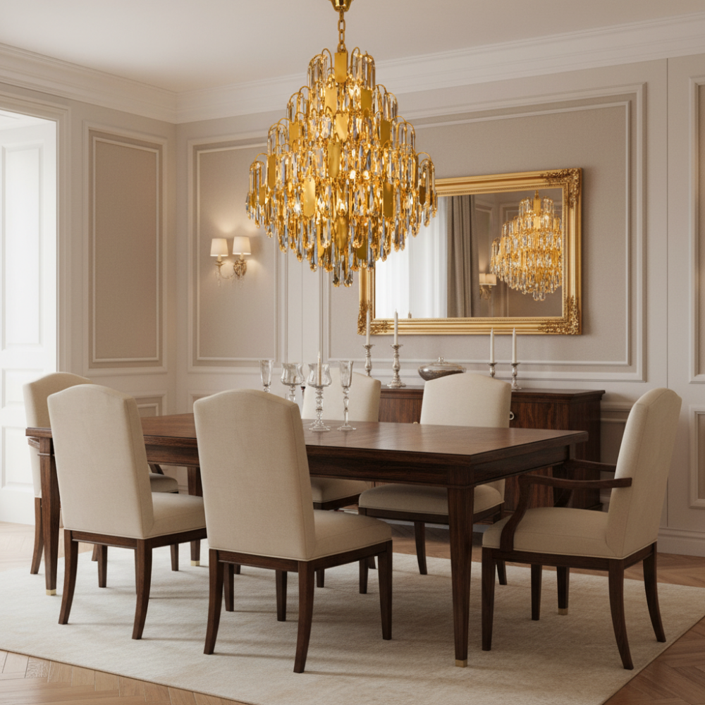 Candelabru Cristal TIER Magno 13xE14, D60 cm, Auriu, Inaltime Reglabila, Metal si Cristal [3]