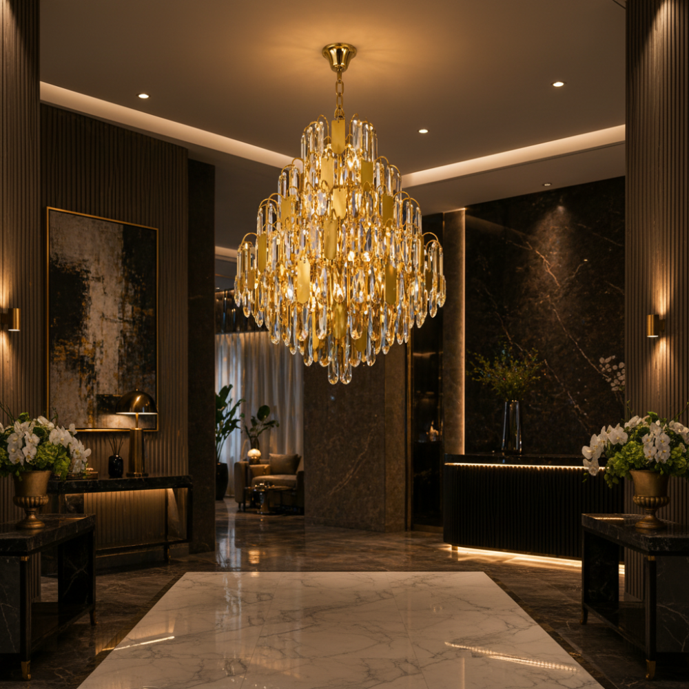 Candelabru Cristal TIER Magno 13xE14, D60 cm, Auriu, Inaltime Reglabila, Metal si Cristal [2]