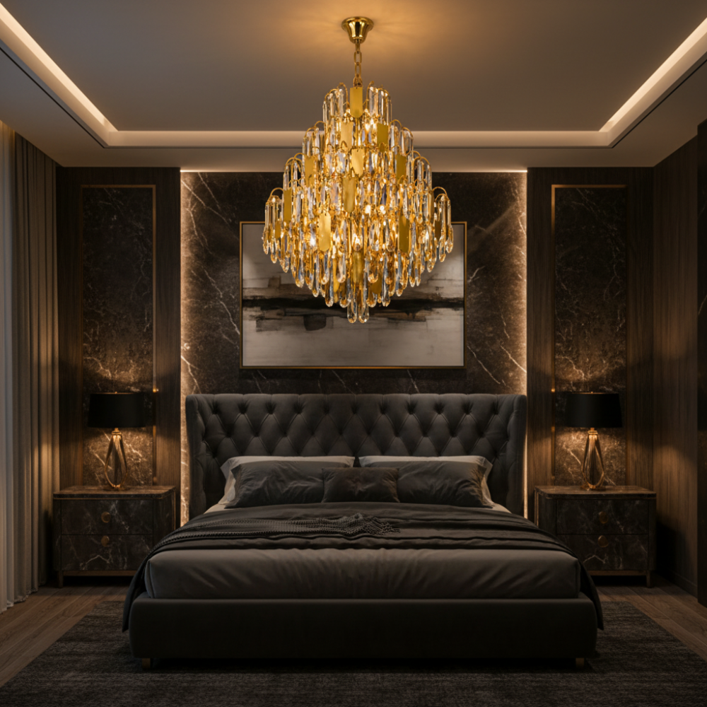 Candelabru Cristal TIER Nobile 8xE14, D40 cm, Auriu, Inaltime Reglabila, Metal si Cristal [2]