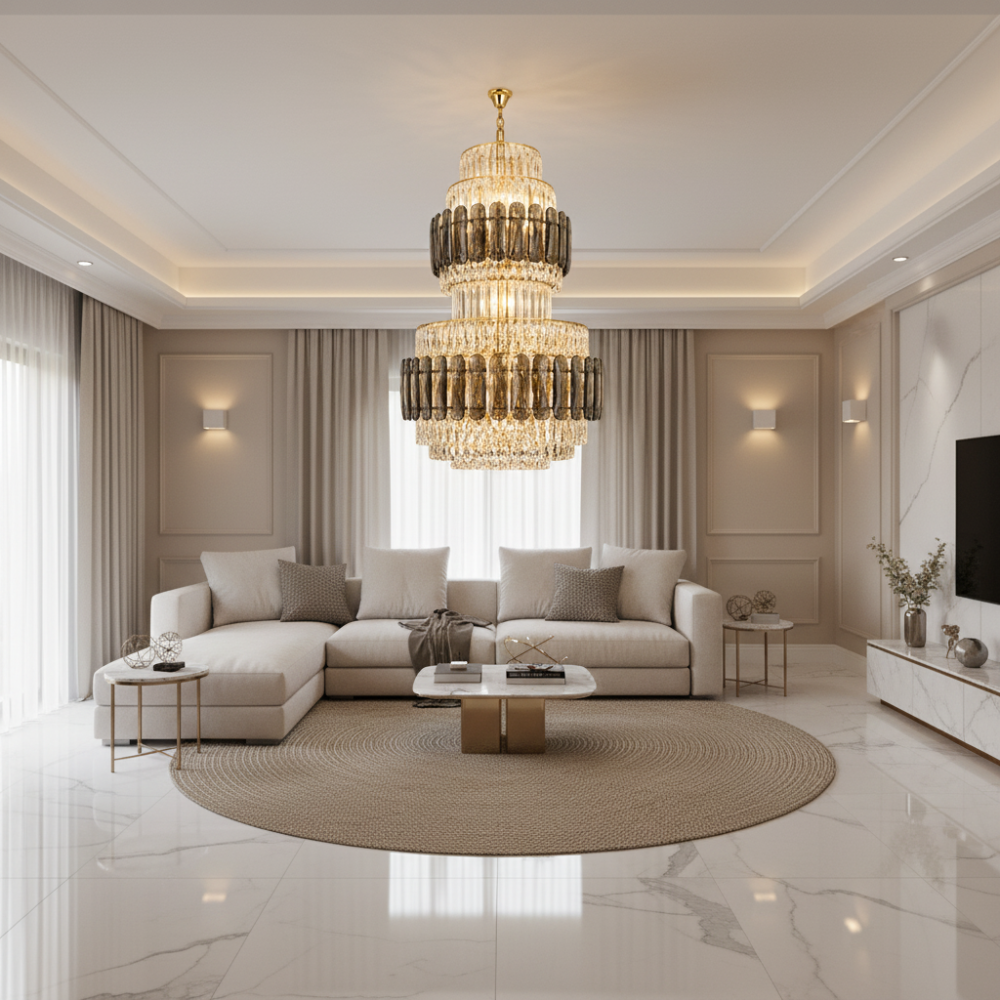 Candelabru Cristal VELIOR Regalis 29xE14, D80 cm, Auriu, Inaltime Reglabila, Metal si Cristal [3]