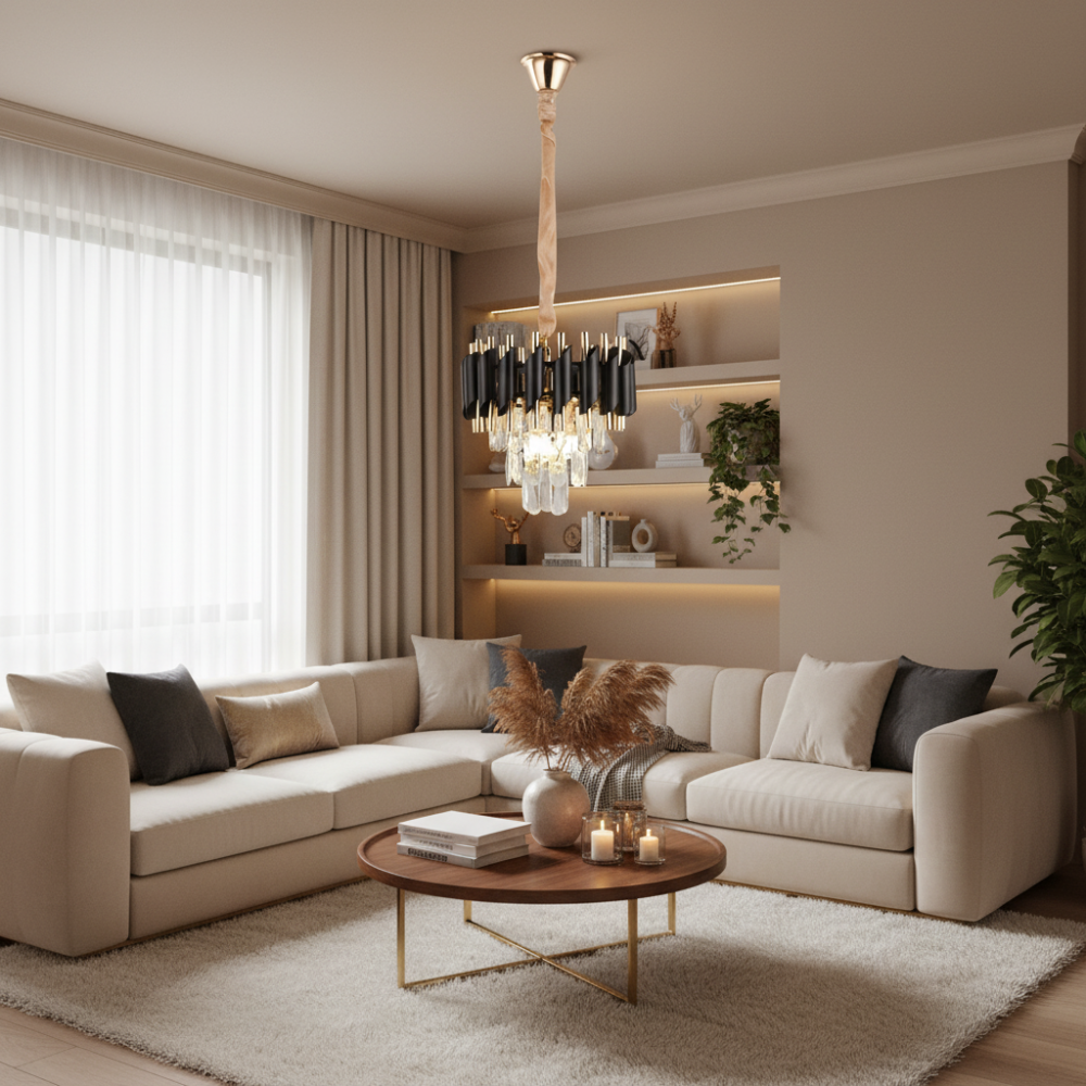 Candelabru Cristal VERSAILLES Nobile, 5xE14, Φ40cm, Auriu Lucios si Negru, Inaltime Reglabila [2]