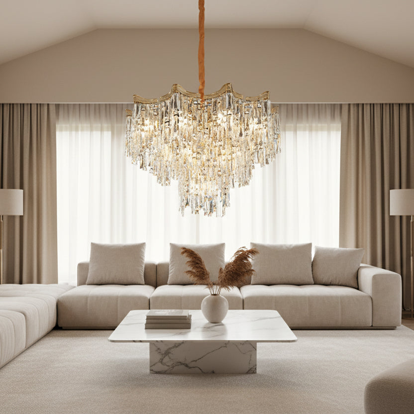 Candelabru Cristal VETRA Eleganza 9xE14, D50 cm, Auriu, Inaltime Reglabila, Metal si Cristal [2]