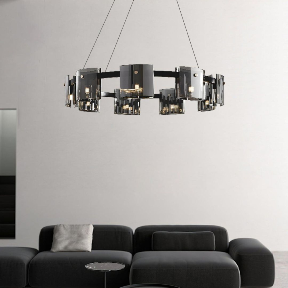 Candelabru Modern, Valmontreux Largo, 8xG9, Diametru 80cm, Negru si Cristale Cenusii, Inaltime Reglabila, Metal si Cristal [3]