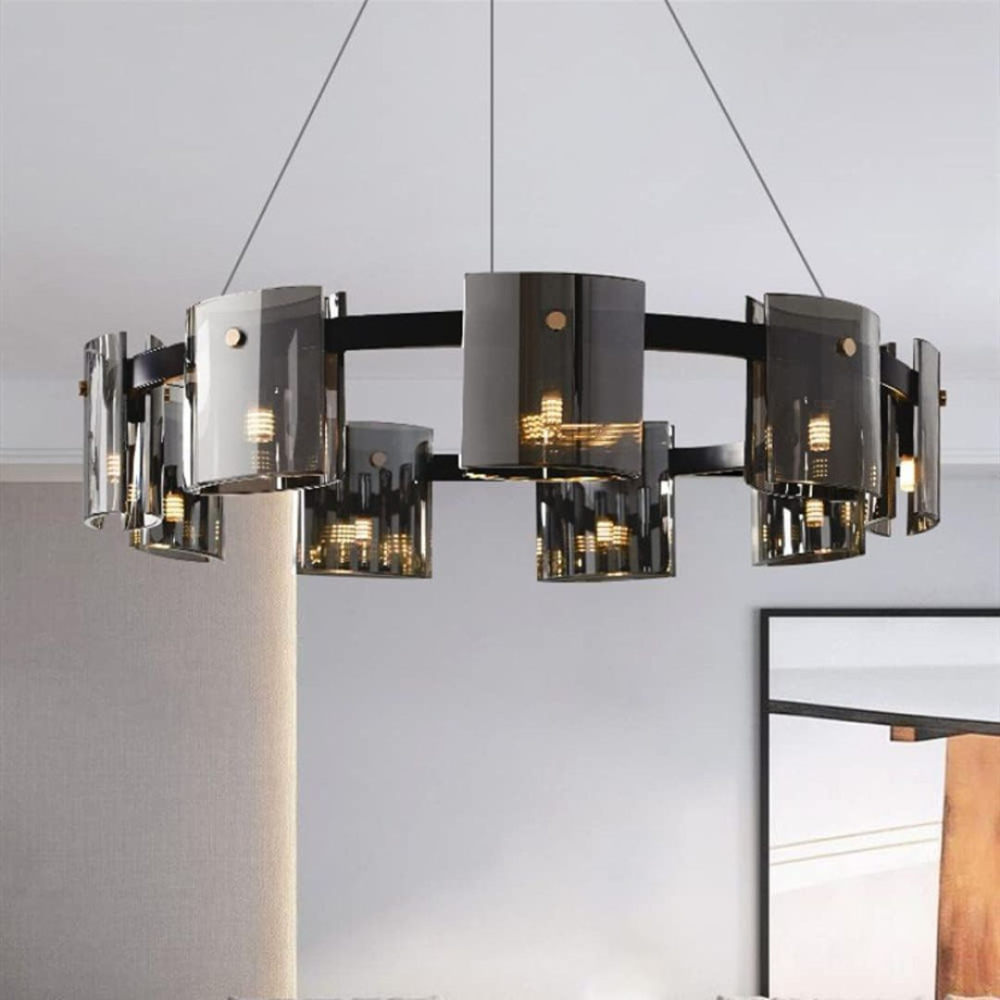 Candelabru Modern, Valmontreux Largo, 8xG9, Diametru 80cm, Negru si Cristale Cenusii, Inaltime Reglabila, Metal si Cristal [4]